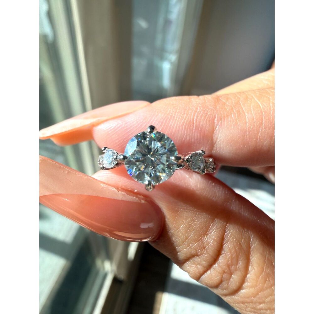 Rhodium Plated Round Moissanite Statement Ring Size 5 - Three Stone Pavé Style